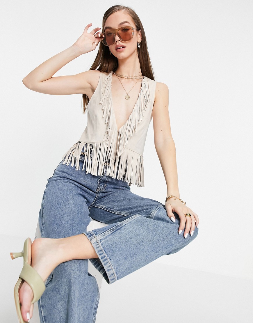 French Connection Avier suedette fringed vest in cream-White