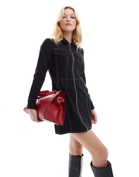 French Connection Azra twill mini shirt dress in black