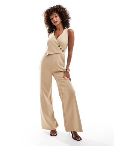 French Connection Azra tweed jumpsuit in taupe - view 1