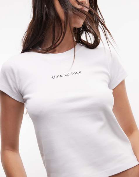 French Connection - Baby T-shirt met 'Time to FCUK'-slogan in wit/zwart - view 1