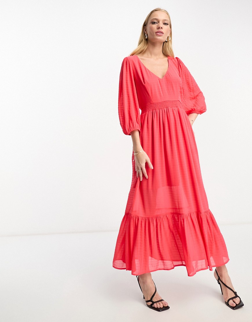 French Connection balloon sleeve boho midi dress in textured red