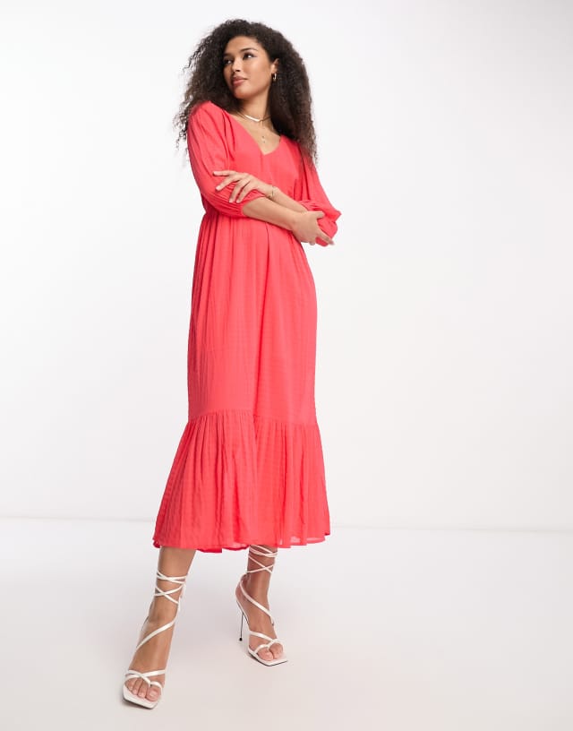 French Connection balloon sleeve boho midi dress in textured red