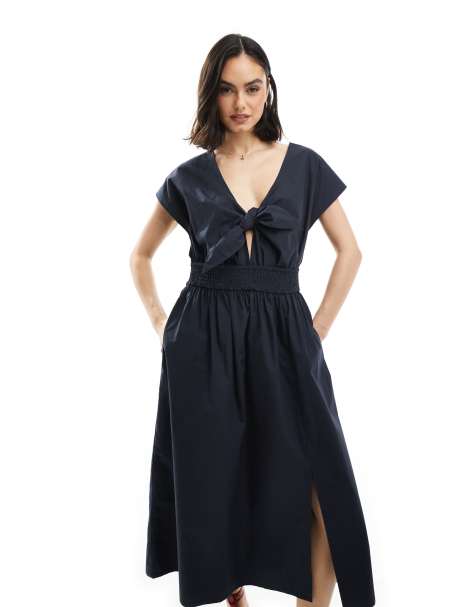 French Connection - Barletta - Vestito midi in popeline di cotone blu navy con lacci - view 1