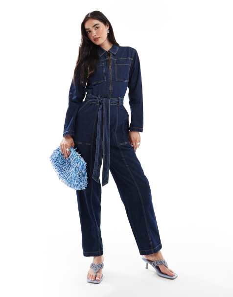 French Connection barrel leg denim boiler suit in dark indigo - view 1