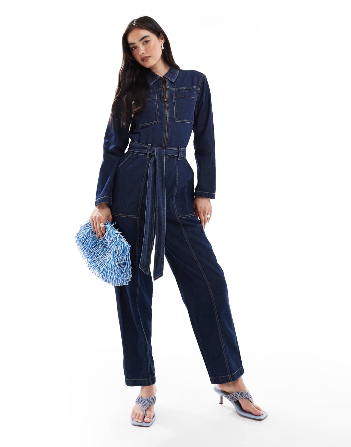French Connection barrel leg denim boiler suit in dark indigo
