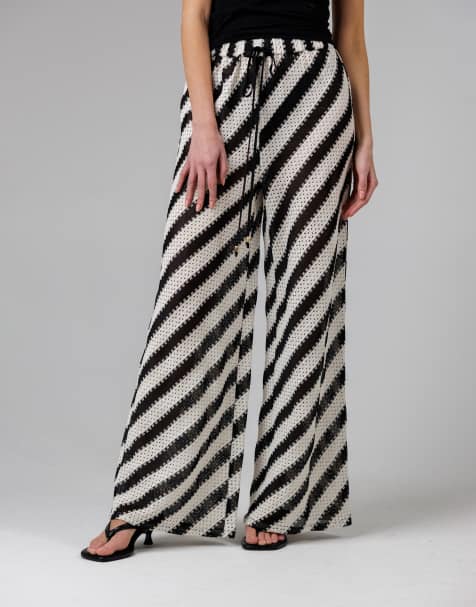 French Connection Beach Cotton blend stripe crochet elasticated drawstring wide leg trousers in black - view 1