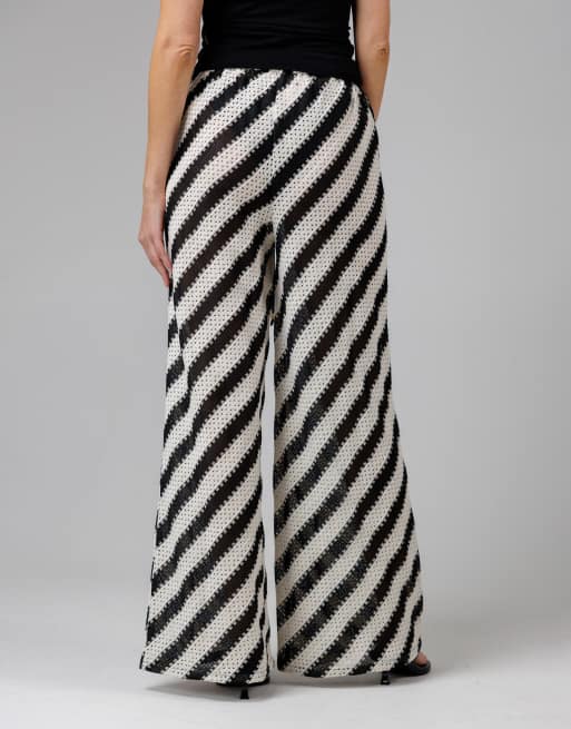 French Connection Beach Cotton blend stripe crochet elasticated drawstring wide leg trousers in black, 2 of 4