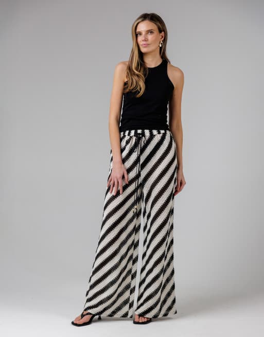 French Connection Beach Cotton blend stripe crochet elasticated drawstring wide leg trousers in black, 3 of 4