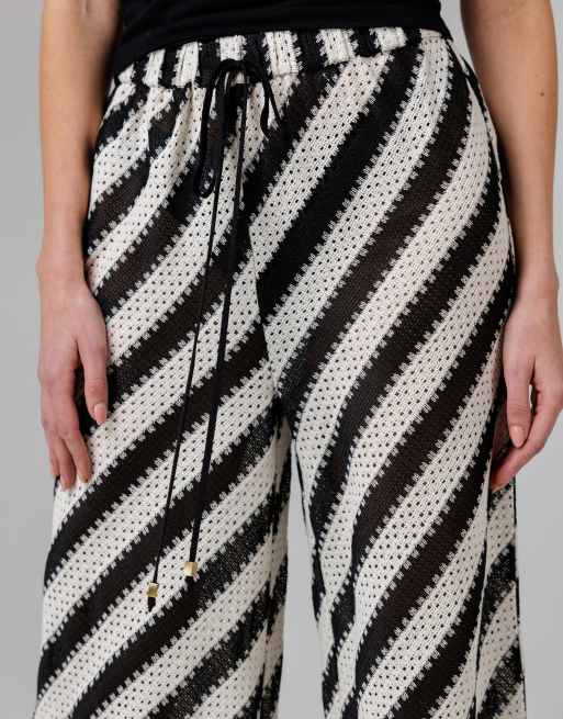 French Connection Beach Cotton blend stripe crochet elasticated drawstring wide leg trousers in black, 4 of 4