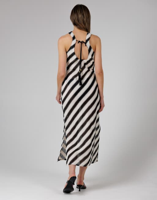 French Connection Beach Cotton blend stripe crochet scoop neck tie back midi dress in black, 2 of 4