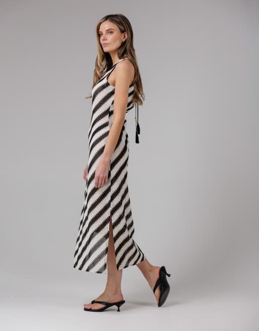 French Connection Beach Cotton blend stripe crochet scoop neck tie back midi dress in black, 3 of 4