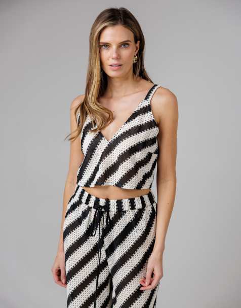 French Connection Beach Cotton blend stripe crochet v-neck strappy vest in black - view 1