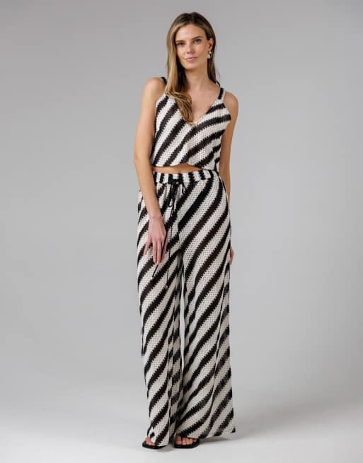 French Connection Beach Cotton blend stripe crochet v-neck strappy vest in black, 2 of 4