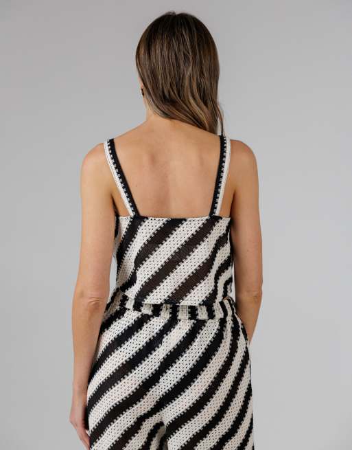 French Connection Beach Cotton blend stripe crochet v-neck strappy vest in black, 4 of 4