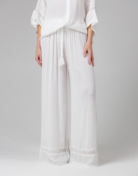French Connection Beach Crinkle trim elasticated drawstring waist wide leg trousers in white - view 1