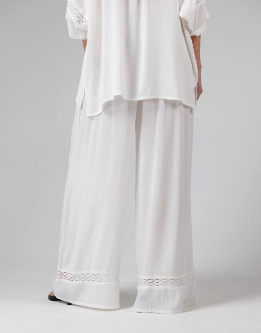 French Connection Beach Crinkle trim elasticated drawstring waist wide leg trousers in white, 2 of 4