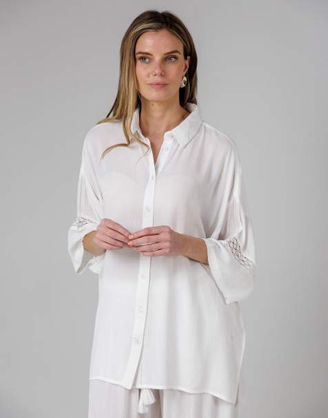 French Connection Beach Crinkle trim oversized short sleeve button up shirt in white - view 1
