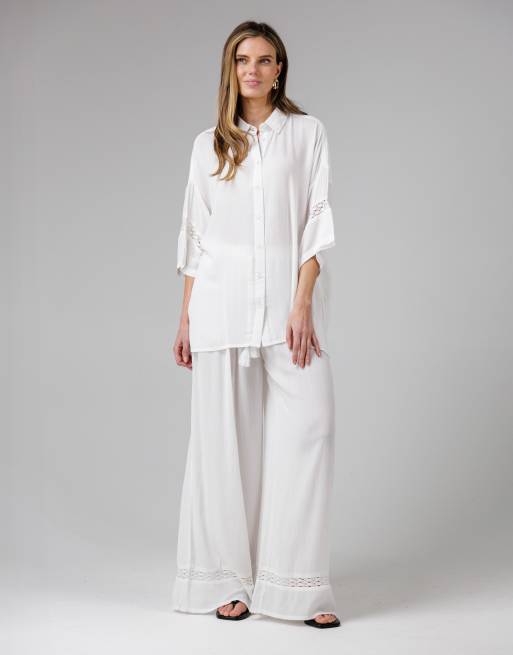 French Connection Beach Crinkle trim oversized short sleeve button up shirt in white, 3 of 4