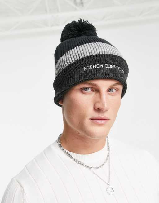 French Connection - Beanie met logo en pompon in grijs