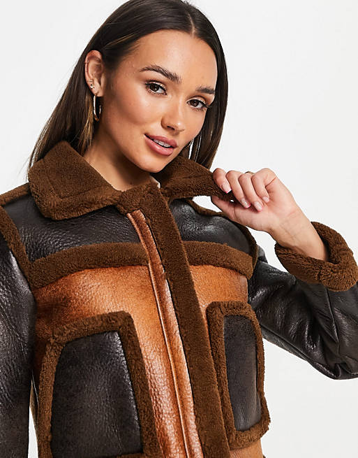 French Connection Belle cropped faux fur and PU jacket in brown colour block