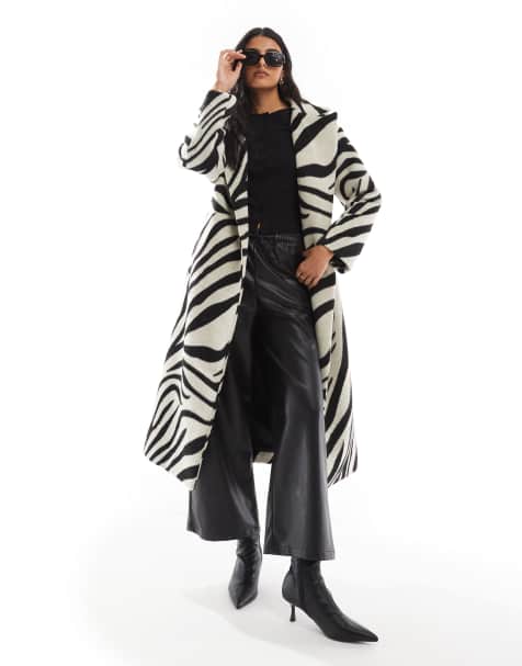 French Connection belted coat in zebra print in mono - view 1
