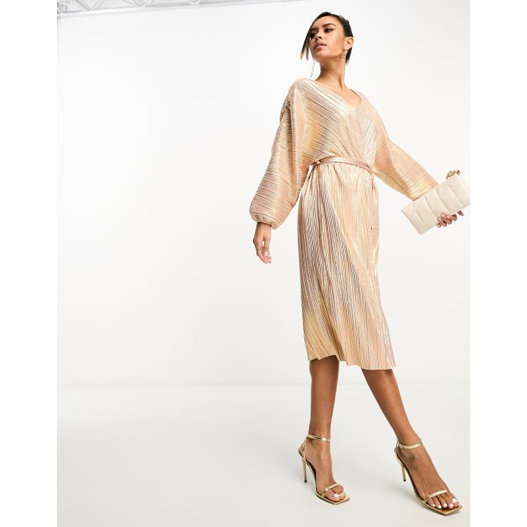 french connection gold dress belted midi with balloon sleeves in rose shimmer DY_Upto40