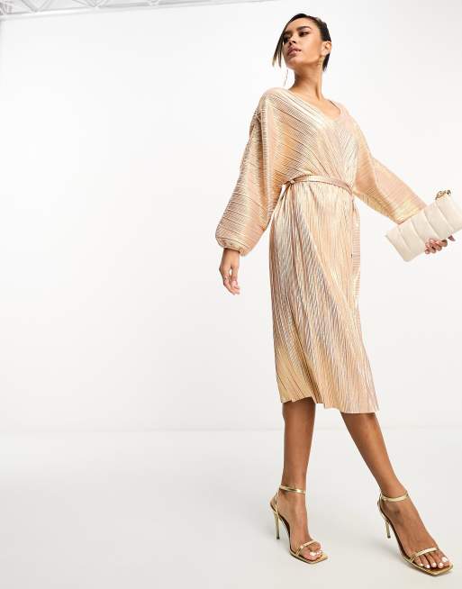 French Connection belted midi dress with balloon sleeves in rose gold  shimmer