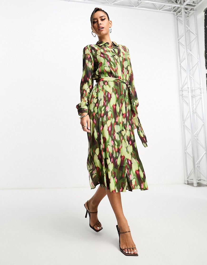 French Connection Belted Midi Shirt Dress In Abstract Print-green