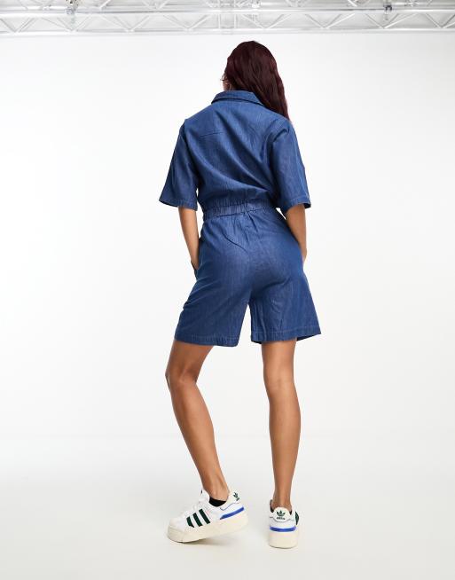 French Connection belted romper in chambray blue