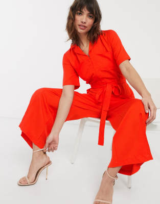red utility jumpsuit