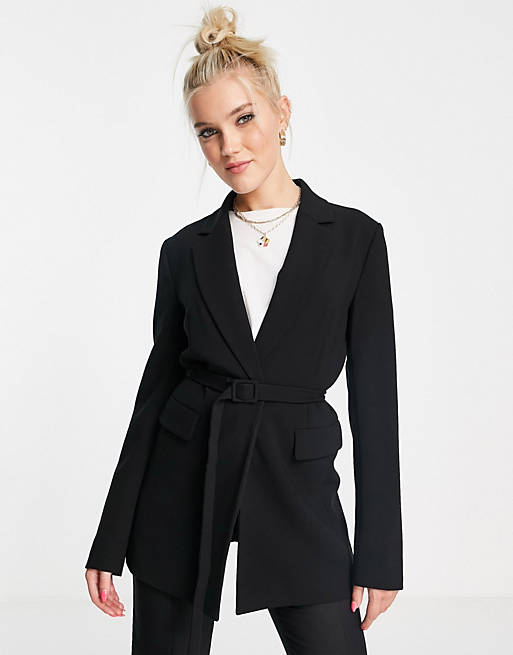 French Connection belted waist tailored jacket co-ord in black
