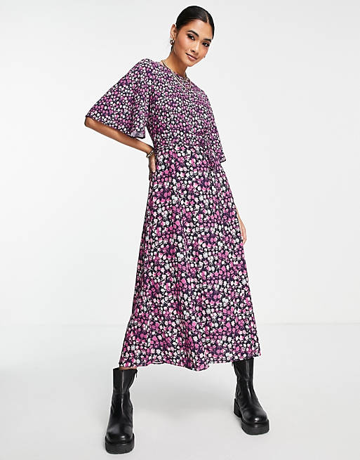 French Connection Bethany Verona flutter sleeve midi dress in purple ditsy floral