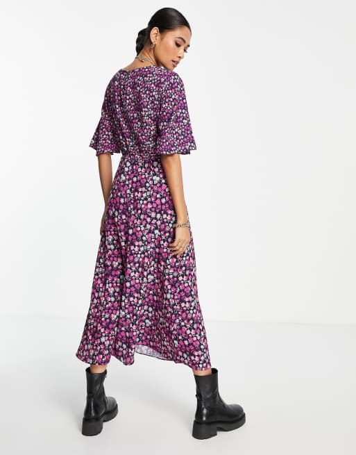 French Connection - Bethany Verona - Midi-jurk met fladdermouwen en fijne bloemenprint in paars, 2 van 4