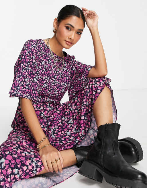 French Connection - Bethany Verona - Midi-jurk met fladdermouwen en fijne bloemenprint in paars, 3 van 4