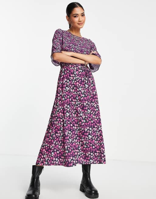 French Connection - Bethany Verona - Midi-jurk met fladdermouwen en fijne bloemenprint in paars, 4 van 4