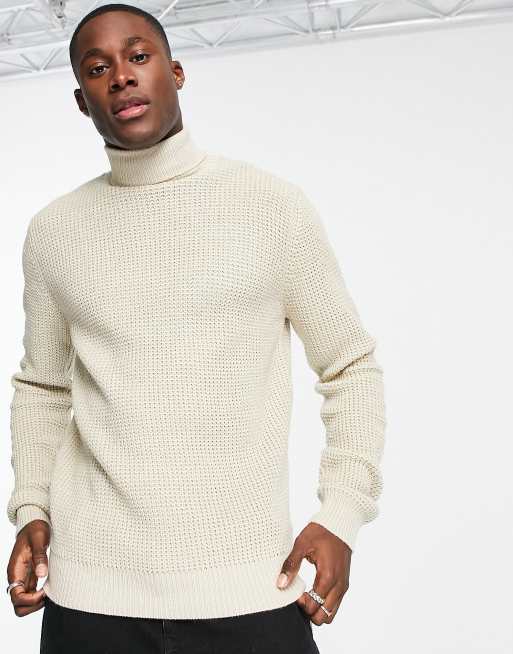 French Connection – Beżowy sweter z golfem o waflowej teksturze