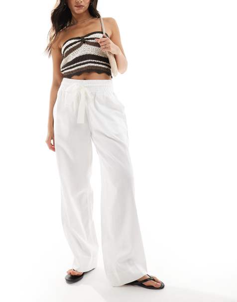 French Connection tie waist wide leg trousers in white