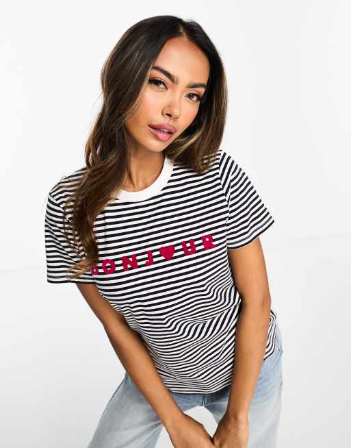 French Connection – Biało-granatowy T-shirt w paski z napisem „Bonjour”