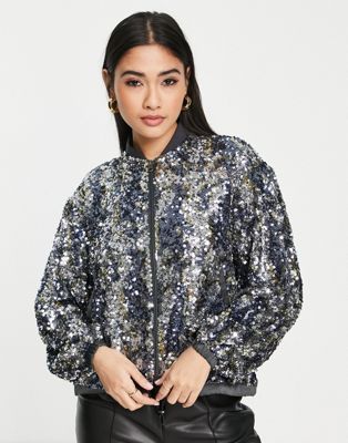 French Connection Binalo sequin bomber jacket co-ord in silver