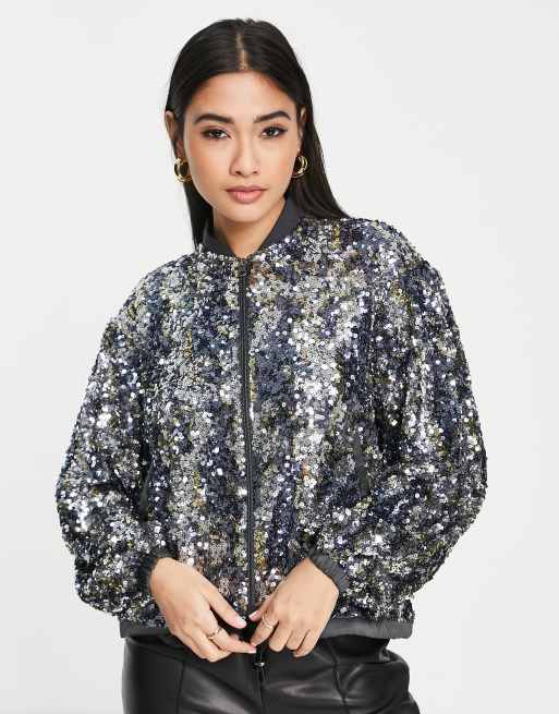 French Connection Binalo sequin bomber jacket and jogger co-ord in silver