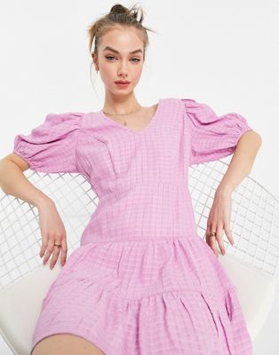 French Connection Birch gingham puff sleeve dress in lavender - ASOS Price Checker