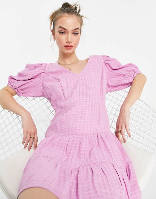 French Connection – Birch – Kleid mit Puffärmeln und Vichy-Karo in Lavendel
