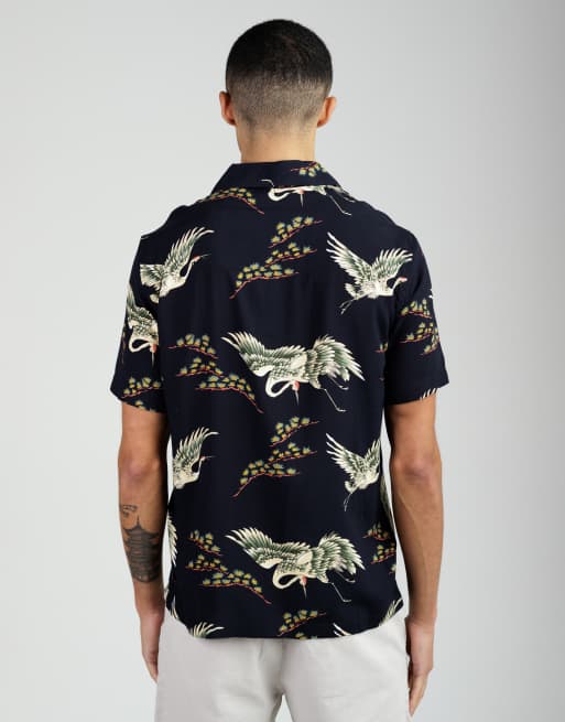 French Connection Bird print short sleeve revere collar shirt in navy, 2 of 4