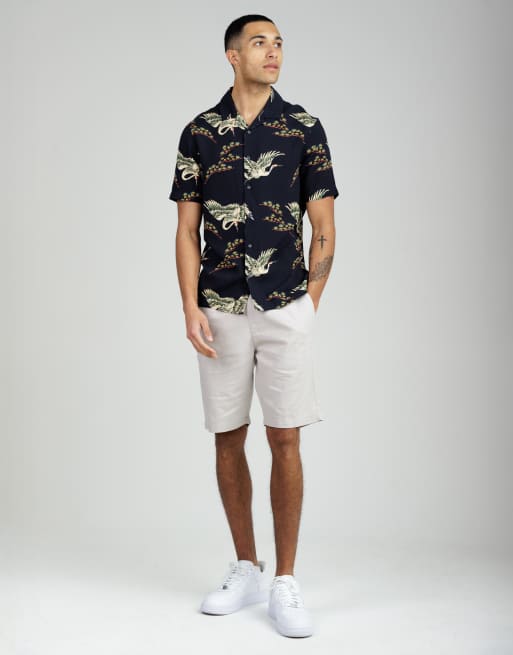 French Connection Bird print short sleeve revere collar shirt in navy, 3 of 4