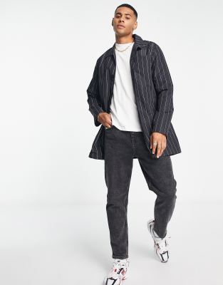French Connection black pinstripe funnel neck mac jacket  - ASOS Price Checker