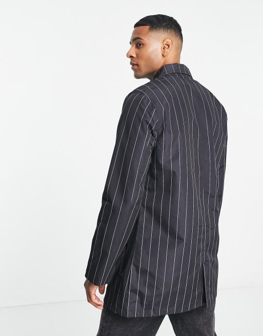 French Connection Black Pinstripe Funnel Neck Trench Jacket