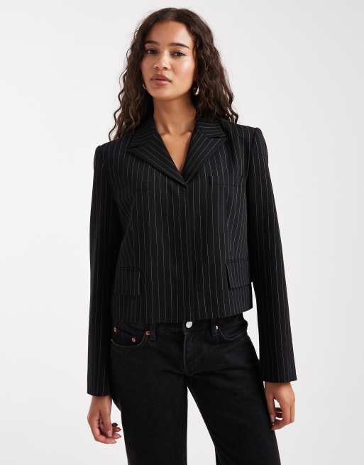 French Connection - Blazer taglio corto nero gessato