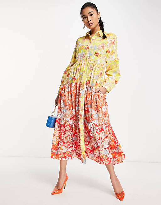  French Connection blossom tiered midi dress in multi floral 