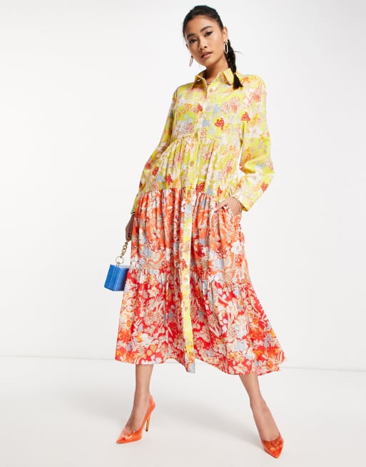 French Connection - Blossom - Vestito midi a balze multicolore a fiori