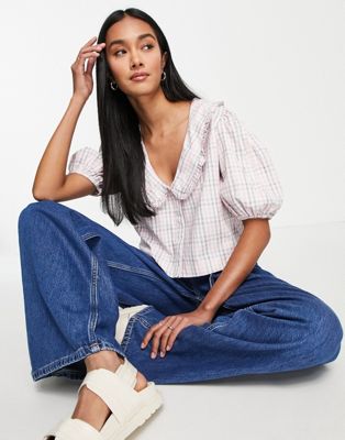 French Connection button front blouse with collar in pink check - ASOS Price Checker